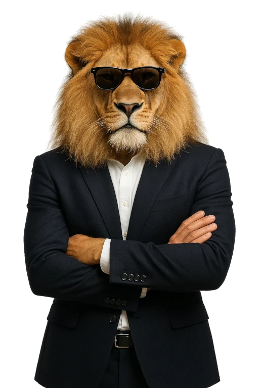 Un homme en costume, bras croisés avec une tête de lion et des lunettes de soleil